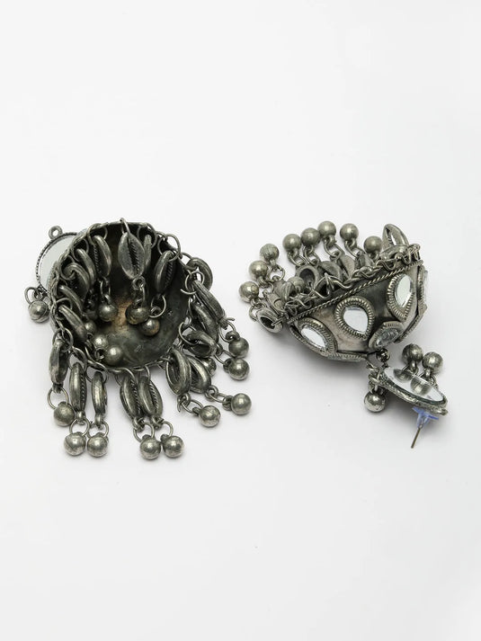 Silver Plated Mirror Work Oxidised Contemporary Jhumka Earrings