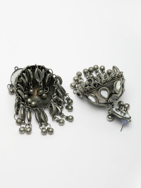 Women Silver Plated Mirror Work Oxidised Contemporary Jhumka Earrings