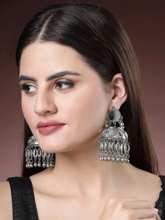 Silver Plated Mirror Work Oxidised Contemporary Jhumka Earrings