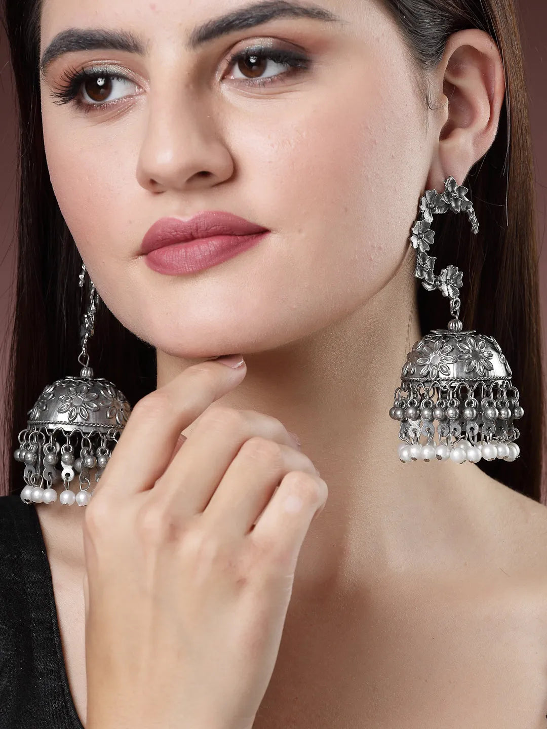 Silver Plated Pearl Beaded Oxidised Contemporary Jhumka Earrings