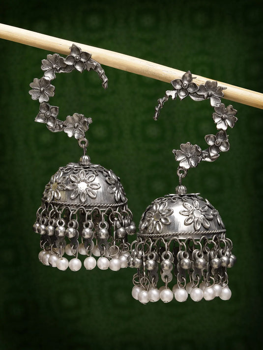 Silver Plated Pearl Beaded Oxidised Contemporary Jhumka Earrings