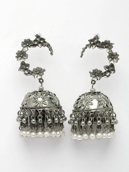 Silver Plated Pearl Beaded Oxidised Contemporary Jhumka Earrings