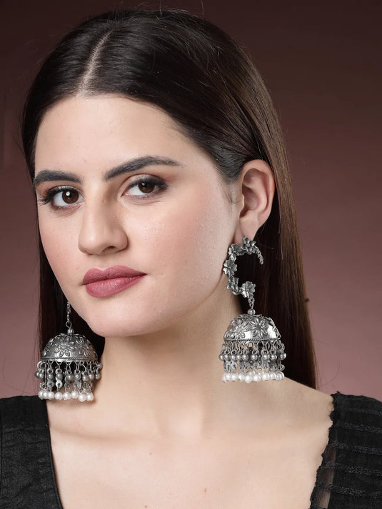 Silver Plated Pearl Beaded Oxidised Contemporary Jhumka Earrings