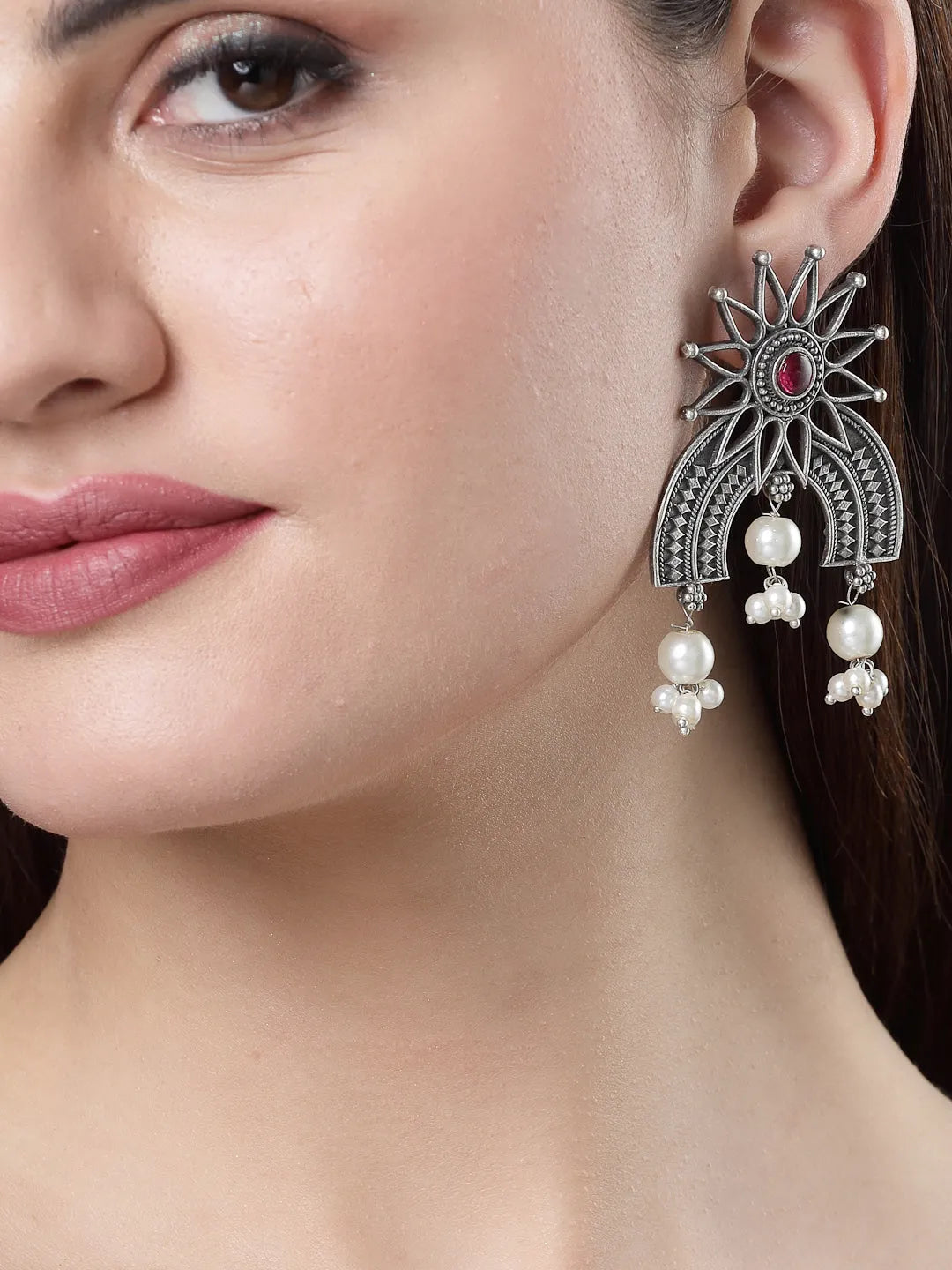 Floral Silver-Plated Oxidised Artificial Stones and Beads Drop Earrings