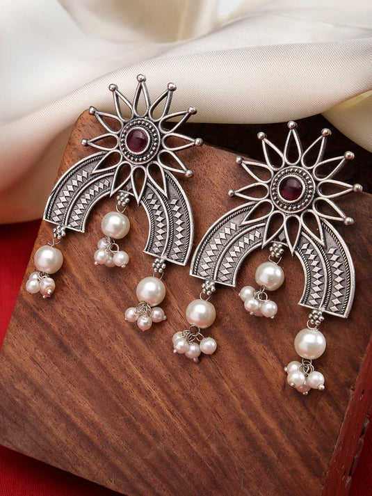 Floral Silver-Plated Oxidised Artificial Stones and Beads Drop Earrings