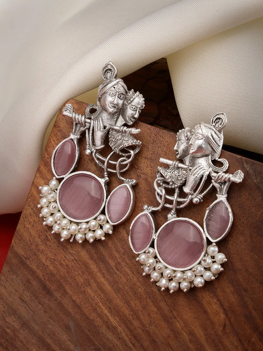 Silver-Plated Oxidised Artificial Stones and Beads Radha Krishna Drop Earrings