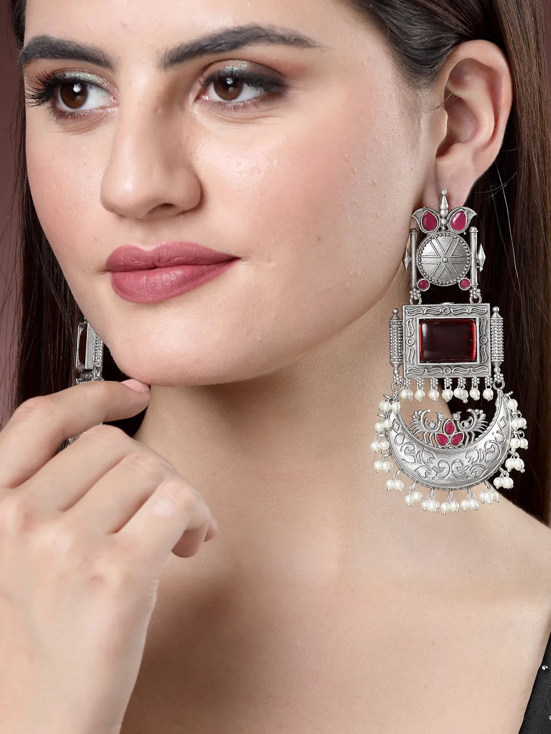 Silver-Plated Artificial Stones and Beads Chandbali Earrings