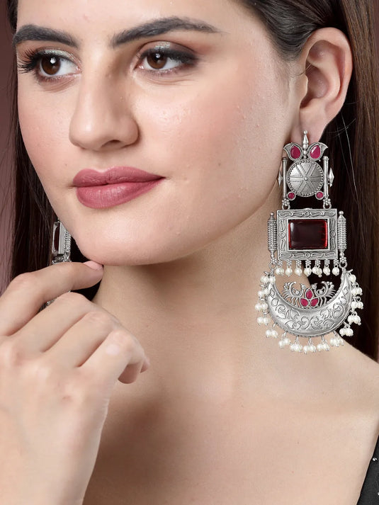 Silver-Plated Artificial Stones and Beads Chandbali Earrings