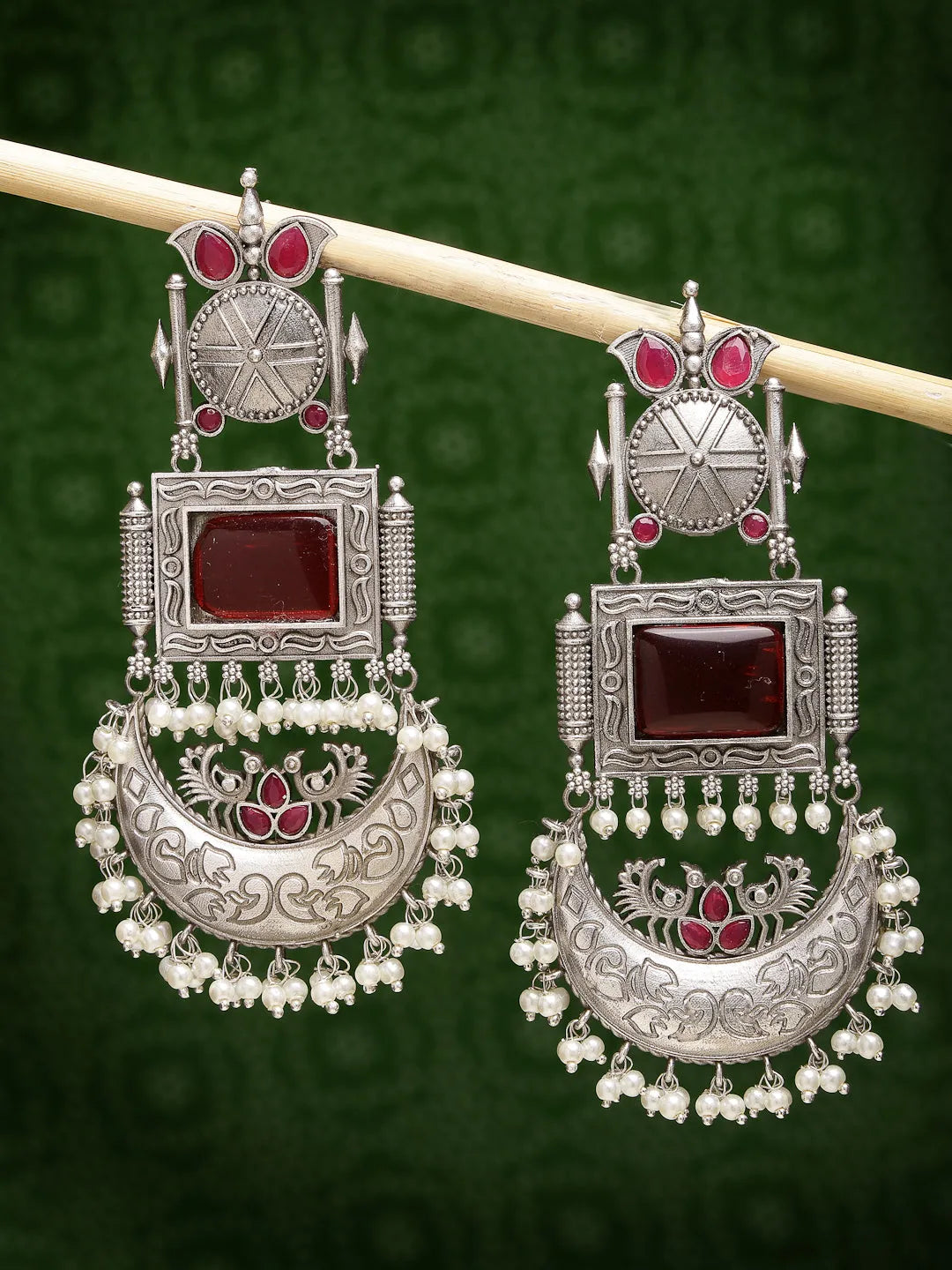 Silver-Plated Artificial Stones and Beads Chandbali Earrings