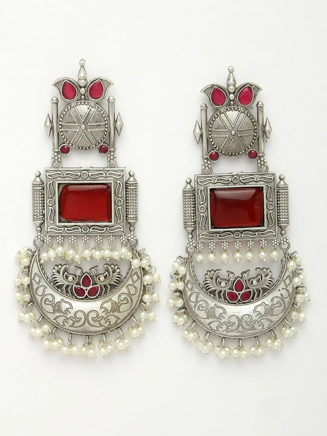 Silver-Plated Artificial Stones and Beads Chandbali Earrings