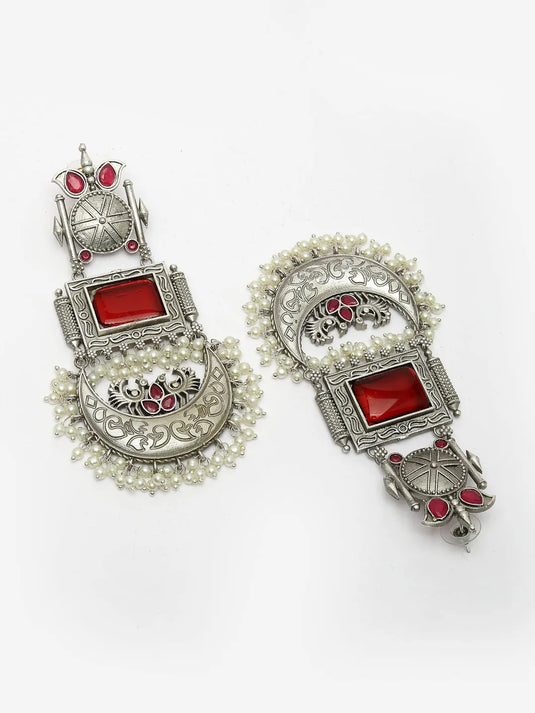 Silver-Plated Artificial Stones and Beads Chandbali Earrings