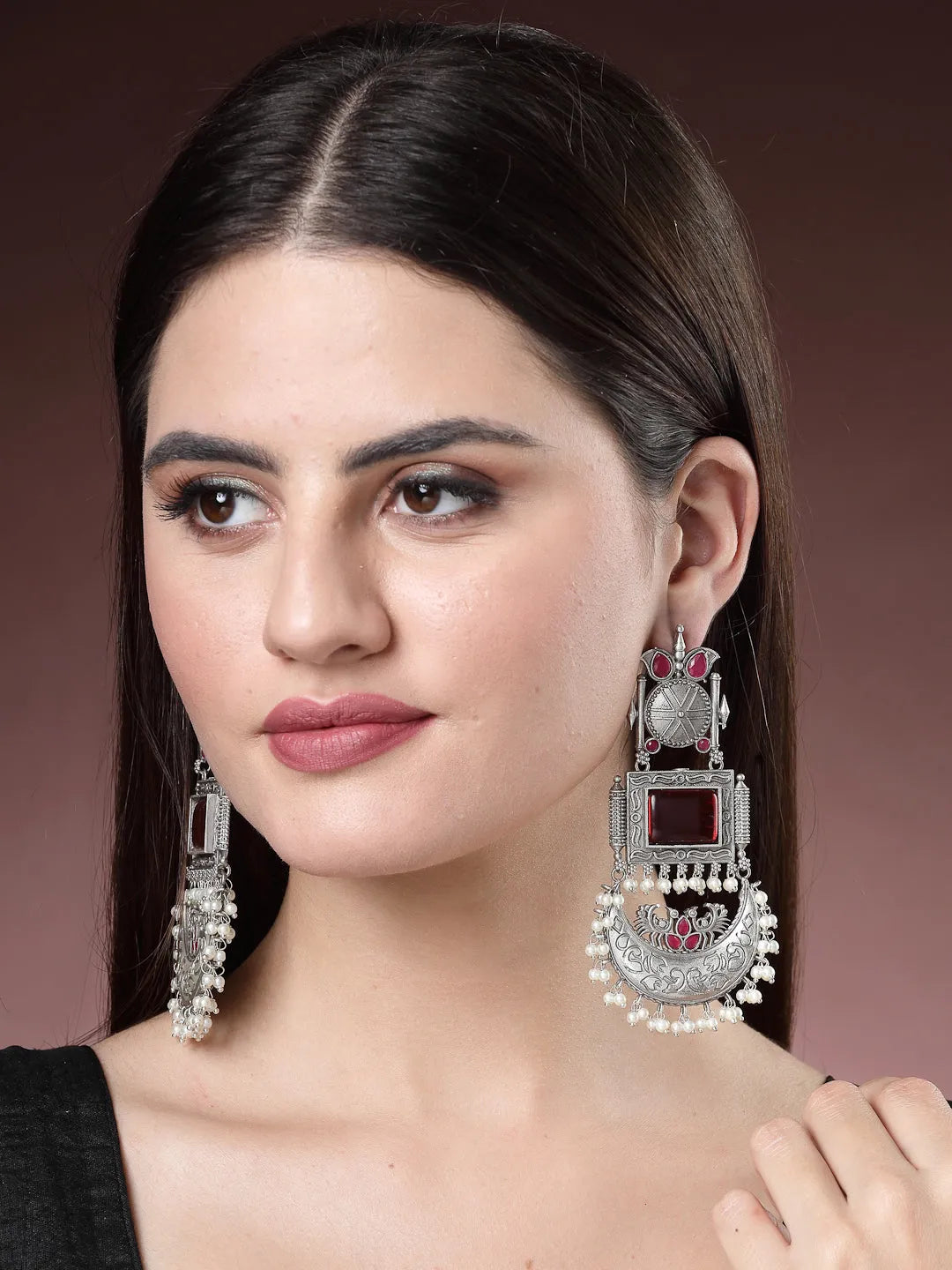 Silver-Plated Artificial Stones and Beads Chandbali Earrings