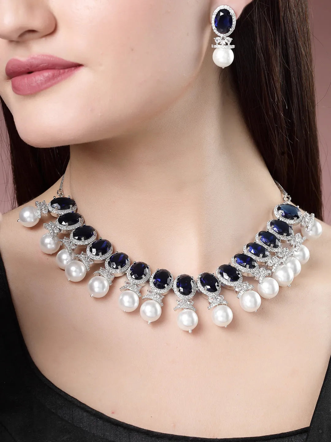 Silver-Plated Blue American Diamond Studded Handcrafted Jewellery Set