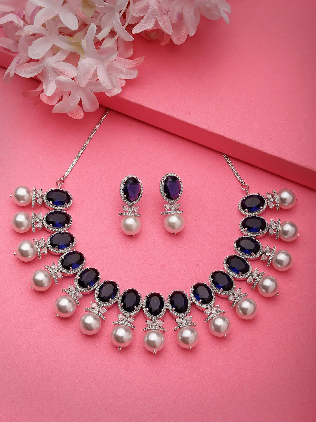 Silver-Plated Blue American Diamond Studded Handcrafted Jewellery Set