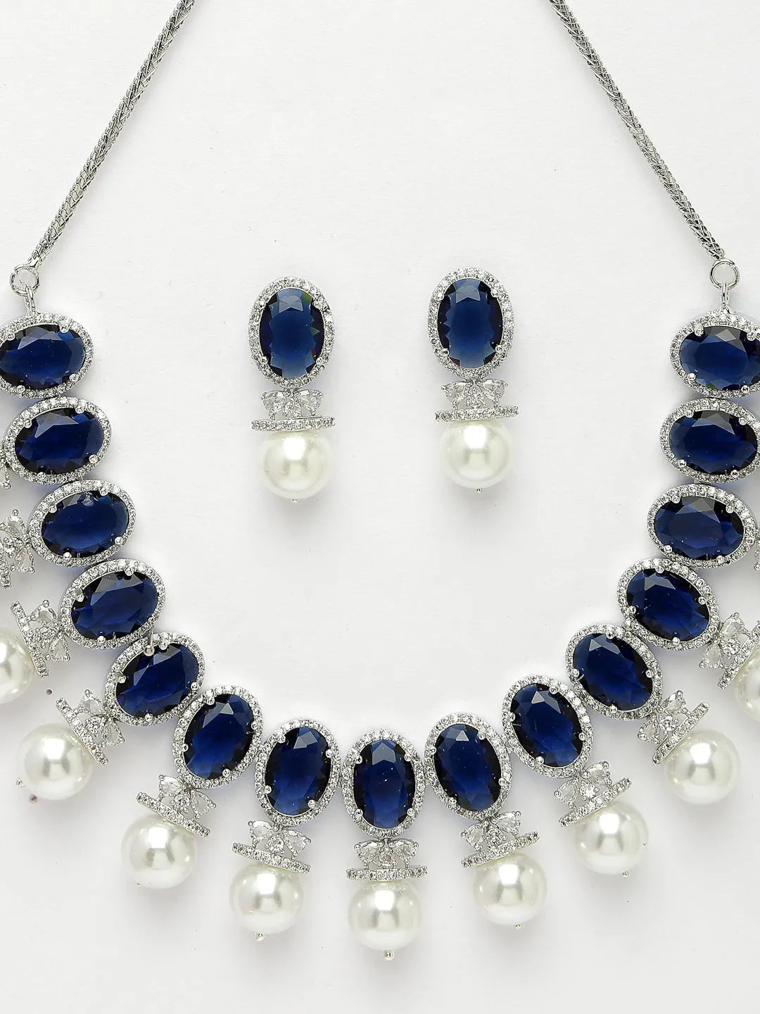 Silver-Plated Blue American Diamond Studded Handcrafted Jewellery Set