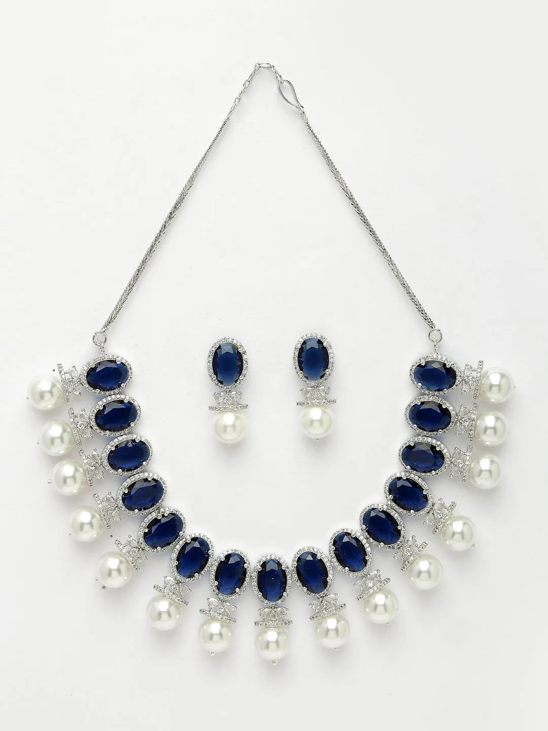 Silver-Plated Blue American Diamond Studded Handcrafted Jewellery Set