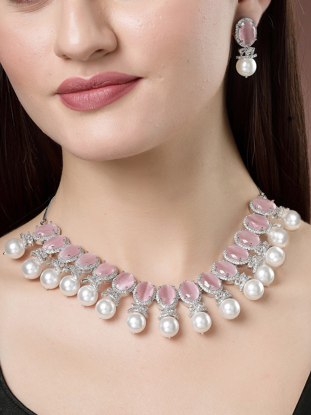 Silver-Plated Pink American Diamond Studded Handcrafted Jewellery Set