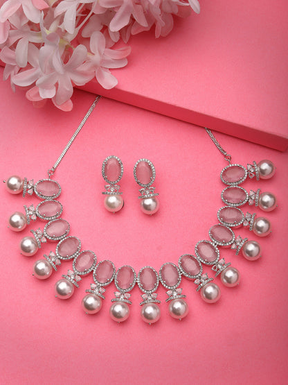 Silver-Plated Pink American Diamond Studded Handcrafted Jewellery Set