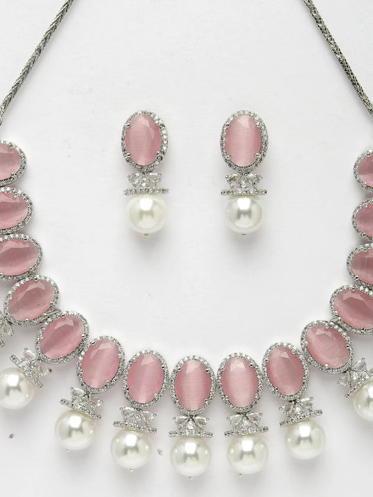 Silver-Plated Pink American Diamond Studded Handcrafted Jewellery Set