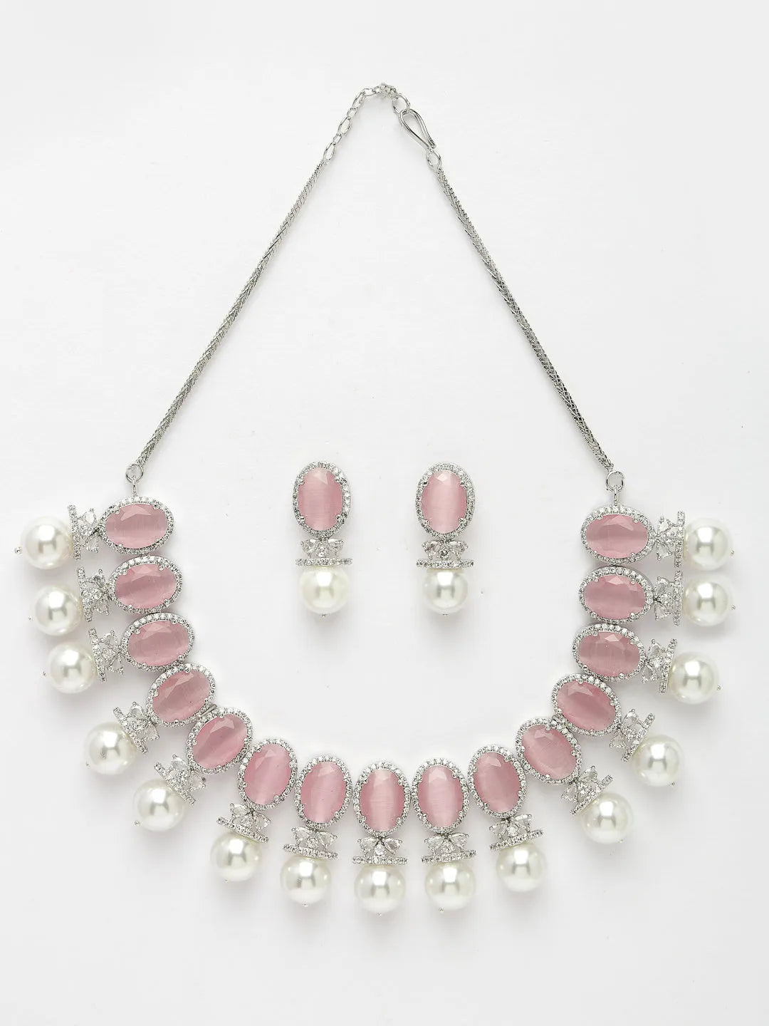 Silver-Plated Pink American Diamond Studded Handcrafted Jewellery Set