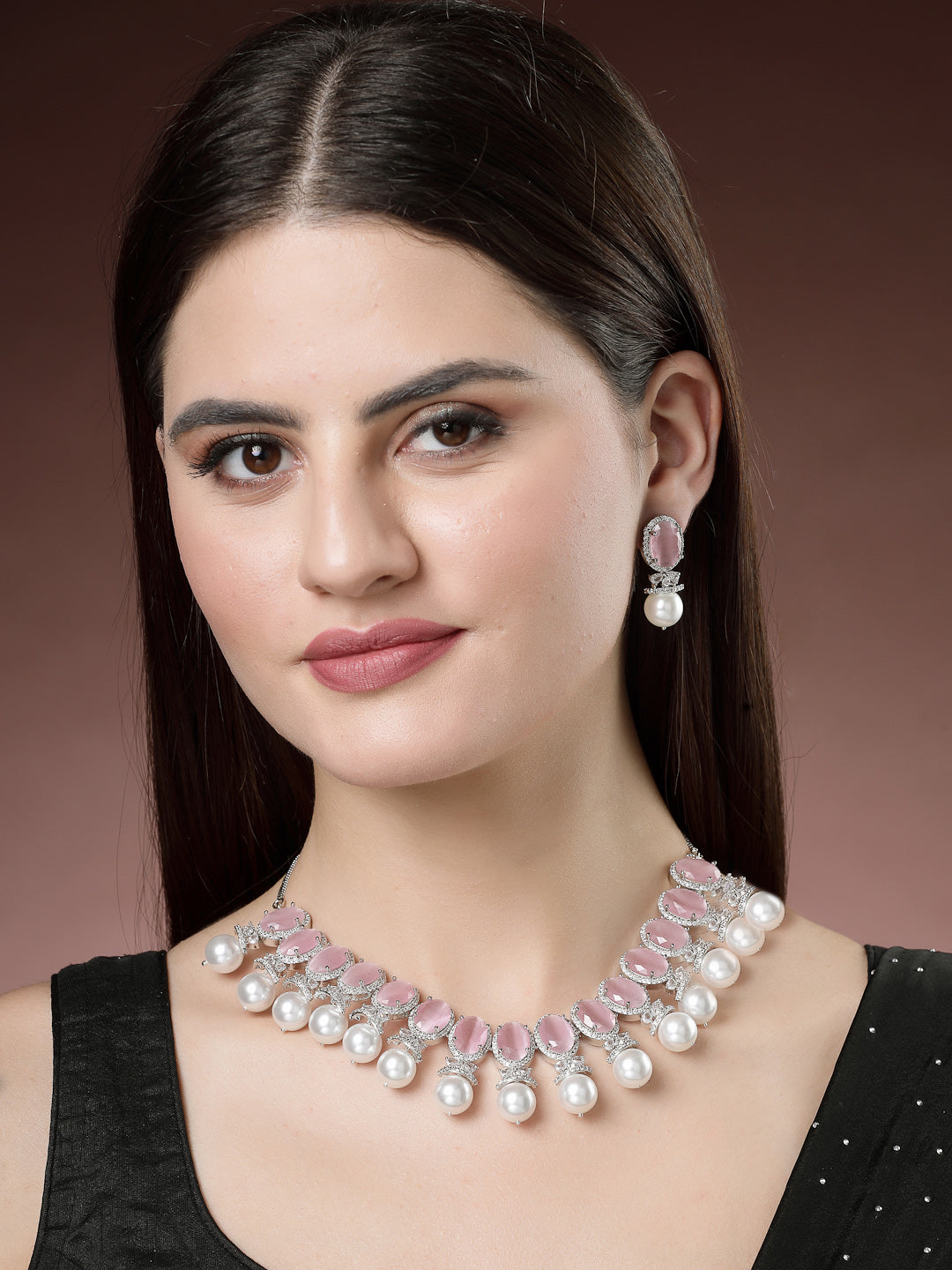 Silver-Plated Pink American Diamond Studded Handcrafted Jewellery Set