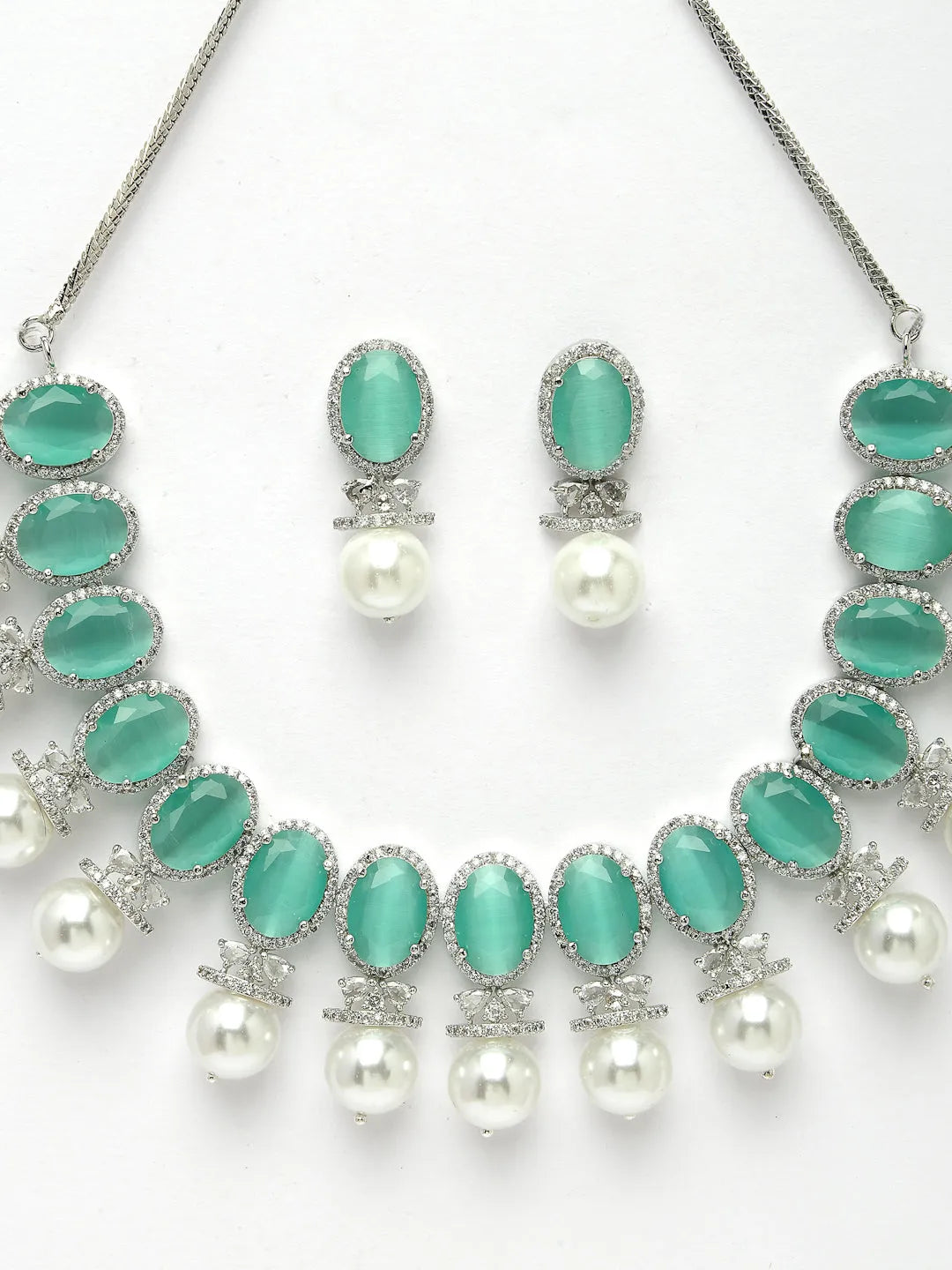 Silver-Plated Green American Diamond Studded Handcrafted Jewellery Set