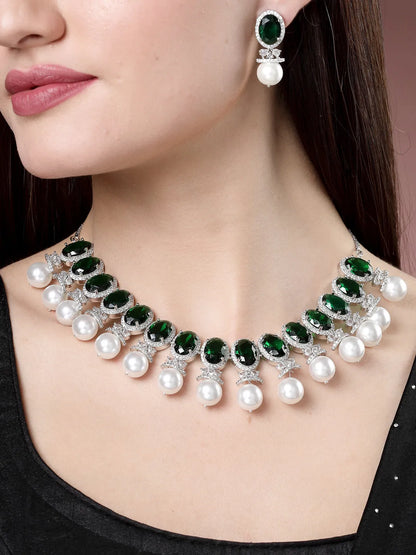 Silver-Plated Green American Diamond Studded Handcrafted Jewellery Set