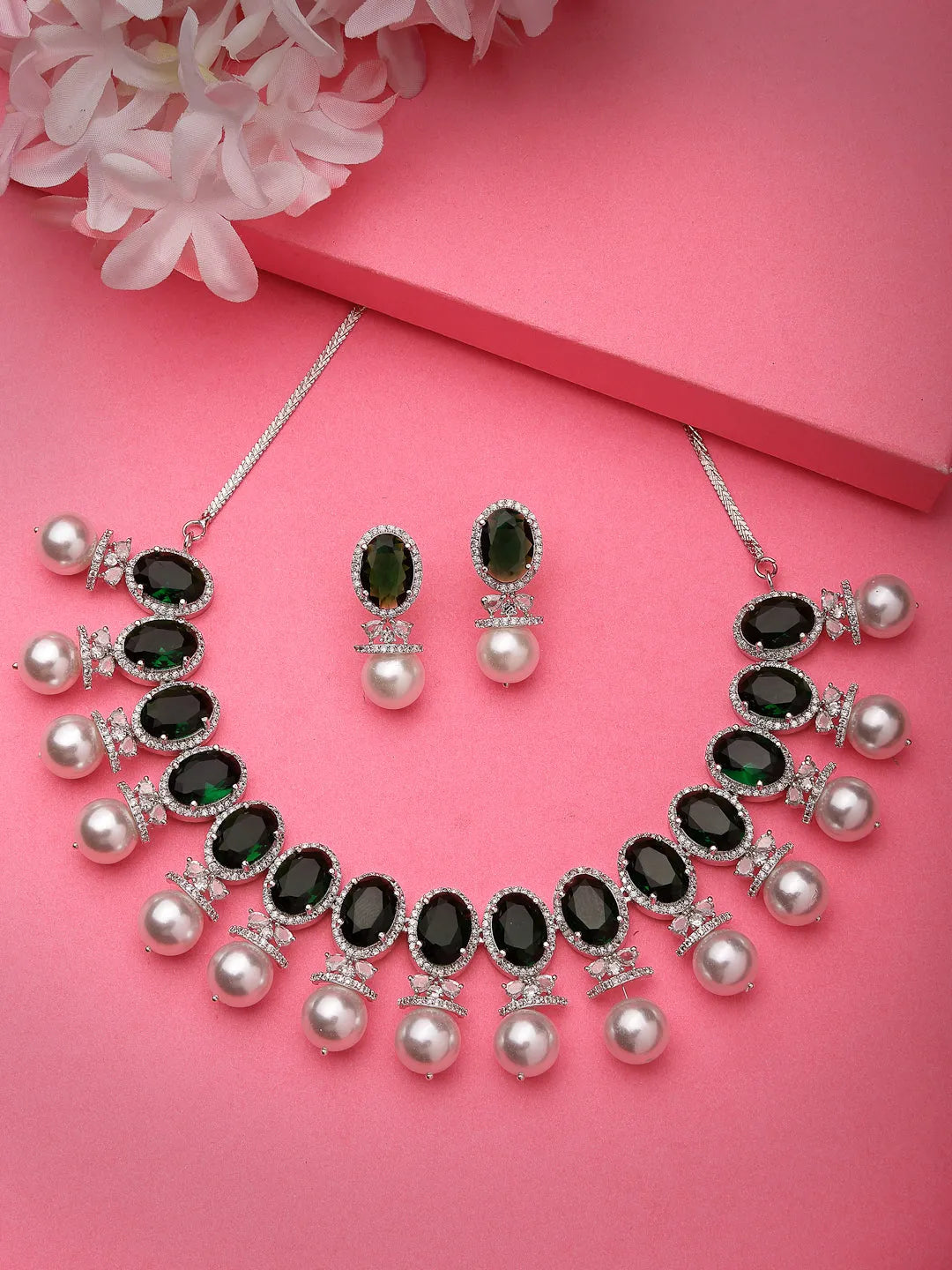 Silver-Plated Green American Diamond Studded Handcrafted Jewellery Set