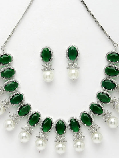 Silver-Plated Green American Diamond Studded Handcrafted Jewellery Set