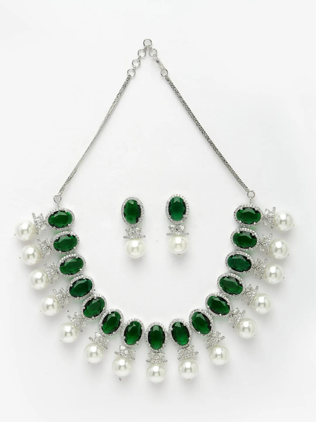 Silver-Plated Green American Diamond Studded Handcrafted Jewellery Set