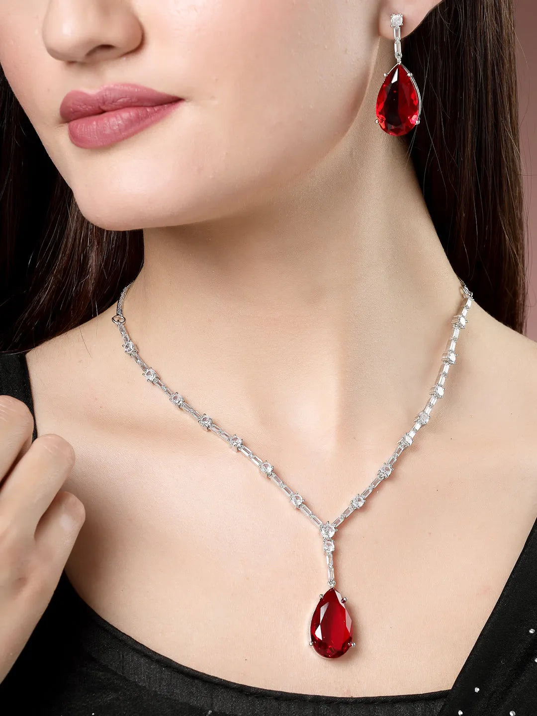 Silver-Plated Red Artificial Stones Studded Handcrafted Jewellery Set