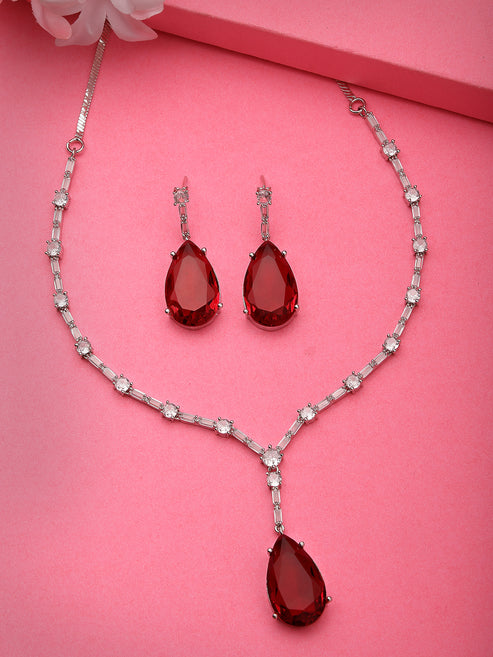 Women Silver-Plated Red Artificial Stones Studded Handcrafted Jewellery Set