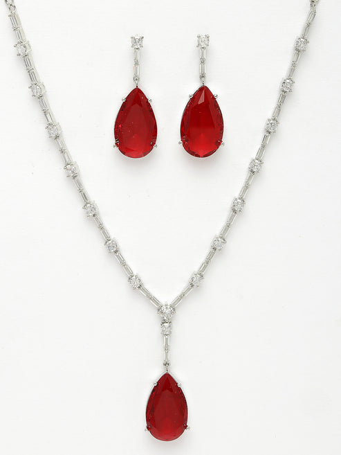 Women Silver-Plated Red Artificial Stones Studded Handcrafted Jewellery Set