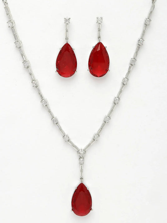 Silver-Plated Red Artificial Stones Studded Handcrafted Jewellery Set