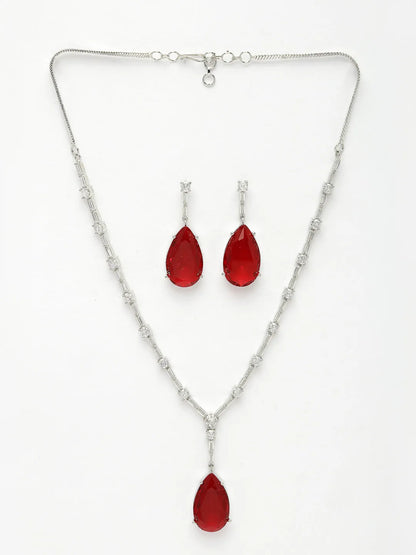 Silver-Plated Red Artificial Stones Studded Handcrafted Jewellery Set