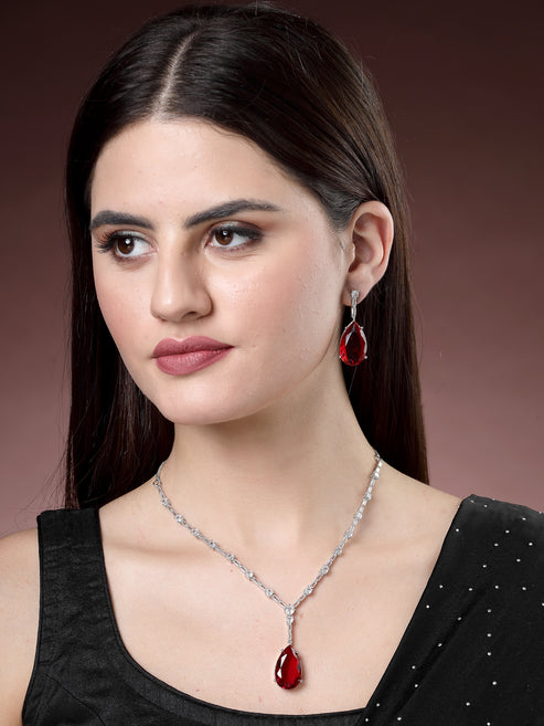 Women Silver-Plated Red Artificial Stones Studded Handcrafted Jewellery Set