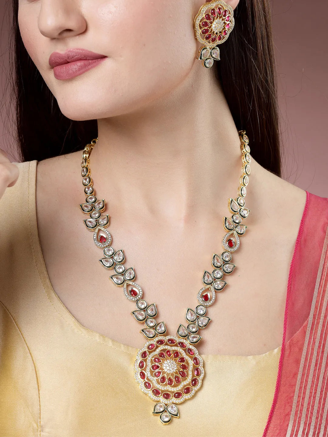 Red &amp; Gold Kundan Studded Handcrafted Jewellery Set