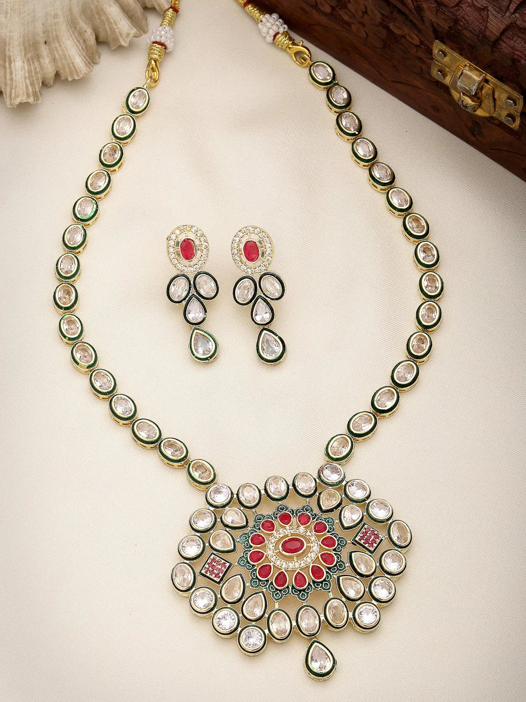 Red &amp; Gold Kundan Studded Handcrafted Jewellery Set