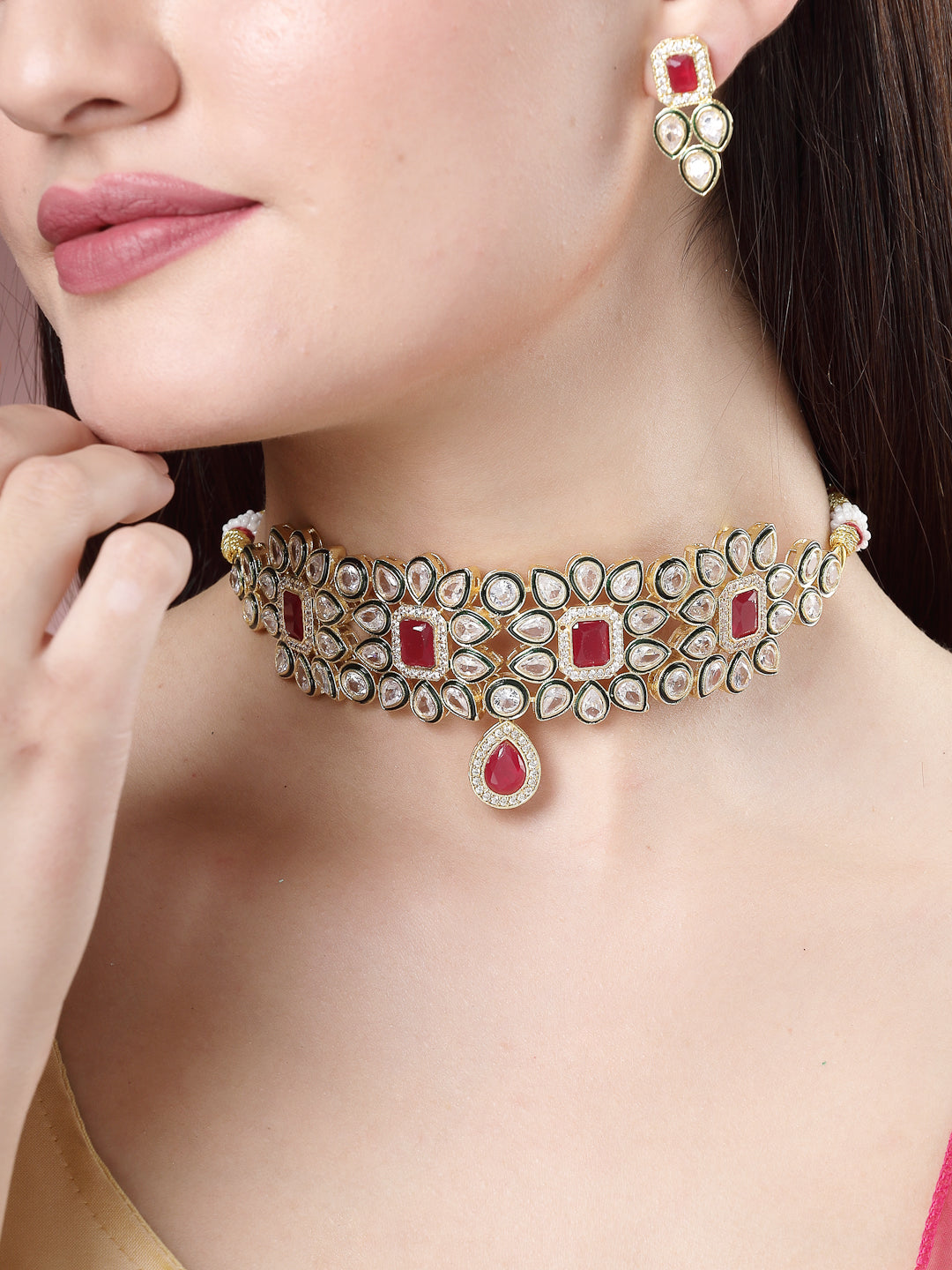 Red &amp; Gold Kundan Studded Handcrafted Choker Jewellery Set