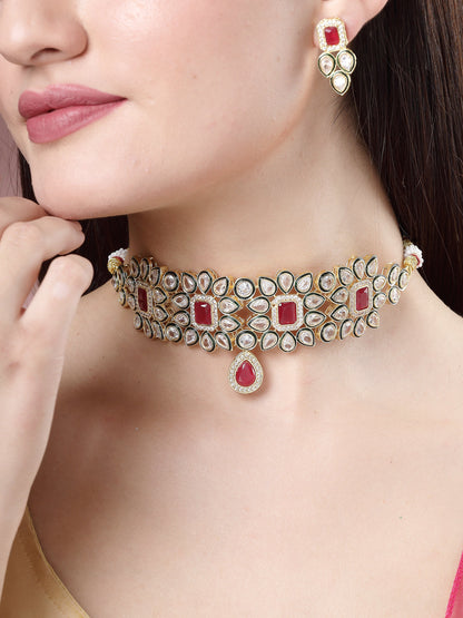 Red &amp; Gold Kundan Studded Handcrafted Choker Jewellery Set