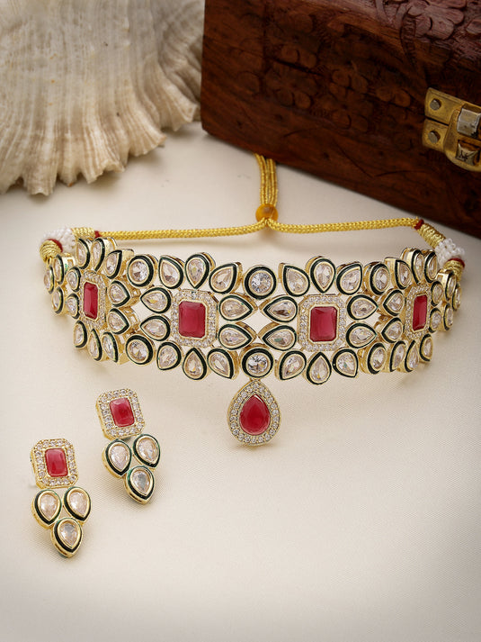 Red &amp; Gold Kundan Studded Handcrafted Choker Jewellery Set