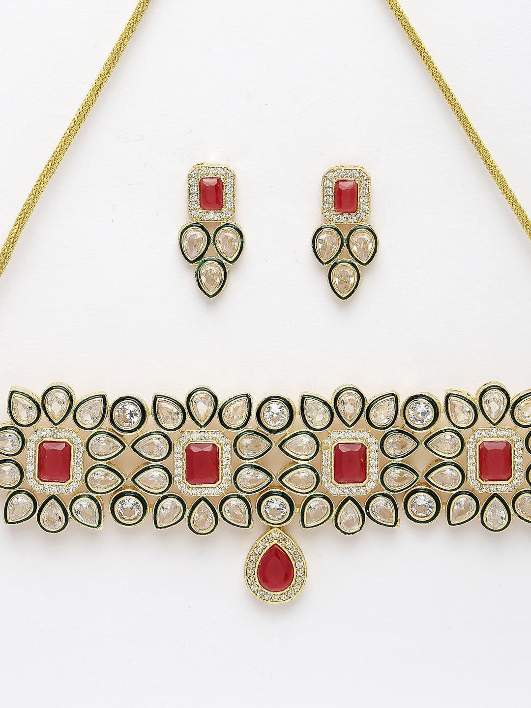 Red &amp; Gold Kundan Studded Handcrafted Choker Jewellery Set