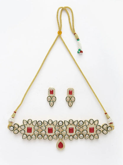 Red &amp; Gold Kundan Studded Handcrafted Choker Jewellery Set