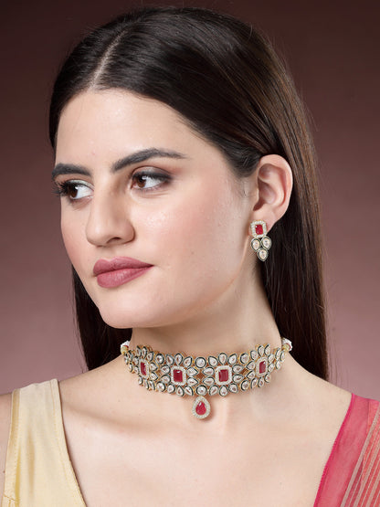 Red &amp; Gold Kundan Studded Handcrafted Choker Jewellery Set