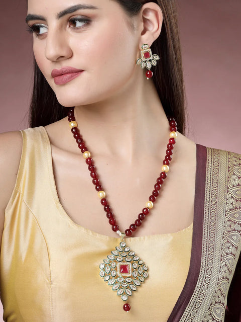 Red Kundan-Studded & Beaded Handcrafted Jewellery Set