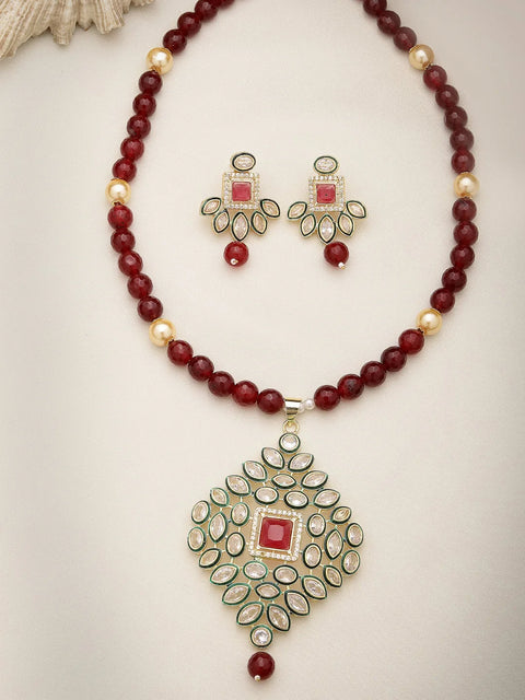 Red Kundan-Studded & Beaded Handcrafted Jewellery Set