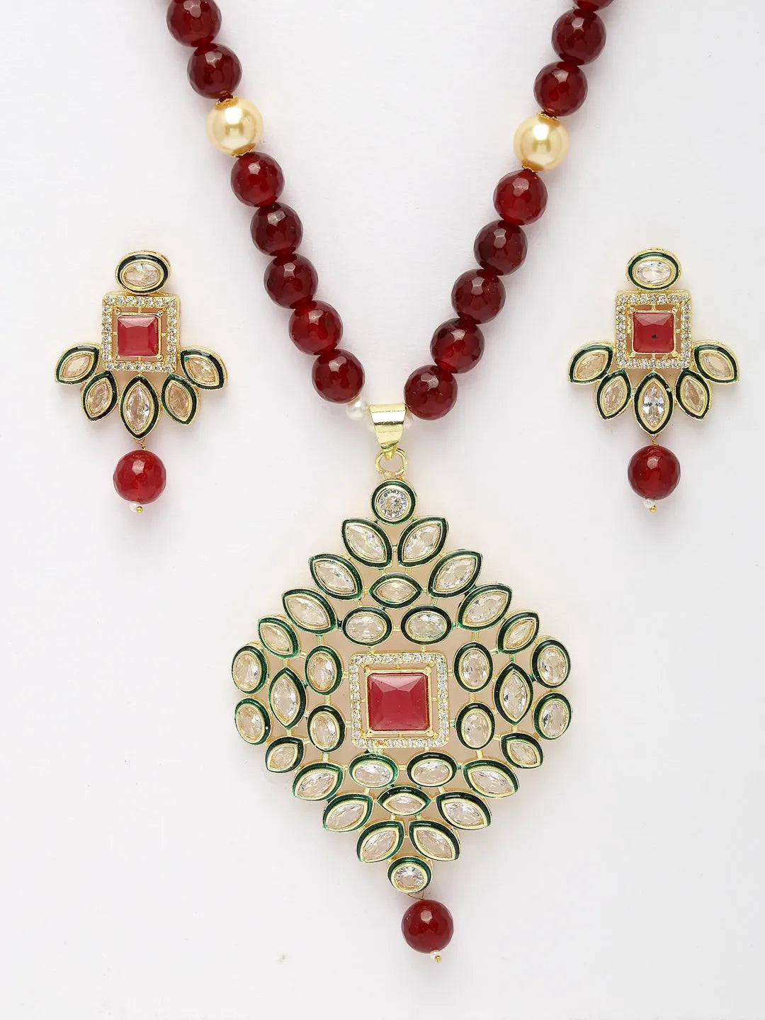 Red Kundan-Studded &amp; Beaded Handcrafted Jewellery Set