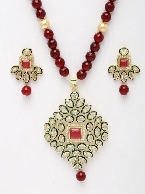 Red Kundan-Studded & Beaded Handcrafted Jewellery Set