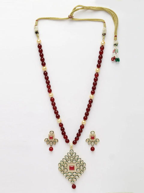 Red Kundan-Studded & Beaded Handcrafted Jewellery Set