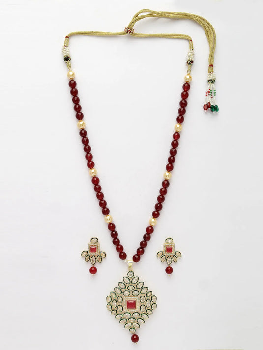 Red Kundan-Studded &amp; Beaded Handcrafted Jewellery Set